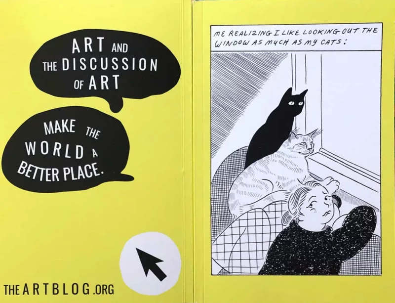 A bright lemon yellow softback book with a black and white comic on the front cover and word bubbles in black on the back cover.