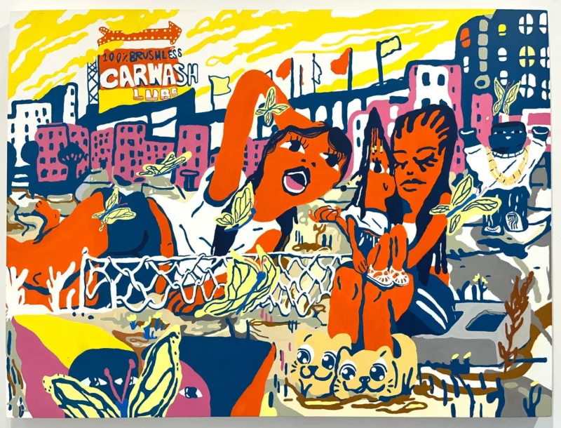 A bright and cheerful image shows a rooftop scene with two orange-colored Black women and a child lounging while butterfies flutter and in the background is a line of pink row houses topped with flags and a neon sign for a carwash. 
