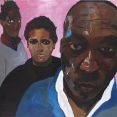 An intense image shows three Black people in closeup, a man in the foreground looking questioningly and directly at you; in the middle, standing straightforward like the first person, a lighter-skinned Black man looks not at you but inward, as if dreaming; and in the background, a woman, eyes wide open, body in profile, looks askance at you, questioningly.
