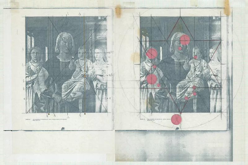  Two black-and-white, photocopied images of an old master painting of the Virgin Mary and the Christ Child are placed side by side with both images having a hand-drawn grid imposed on the images.