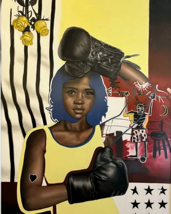 A portrait painting shows a Black woman in a yellow tank top wearing black boxing gloves standing in front of an abstract space with black stripes and stars, yellow roses, and a graffiti-like painting in the right of a skeletal boxer stick figure in a corner of a boxing ring. 