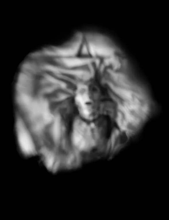 A blurry black and white photo shows a head and chest of a woman who is deceased. Her with eyes and mouth look open and the images is surrounded by deep black background. The image appears to be like a ghostly apparition.