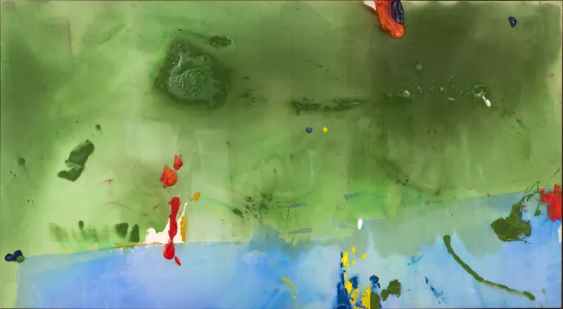 An abstract painting by Helen Frankenthaler, called “Parrot Jungle,” has a dominant horizontal field of modulated grass green with red drips and globs of paint and a big green glob on top; and the bottom is a horizontal field of sky blue with splotches and daubs of dark blue, yellow, green and red.