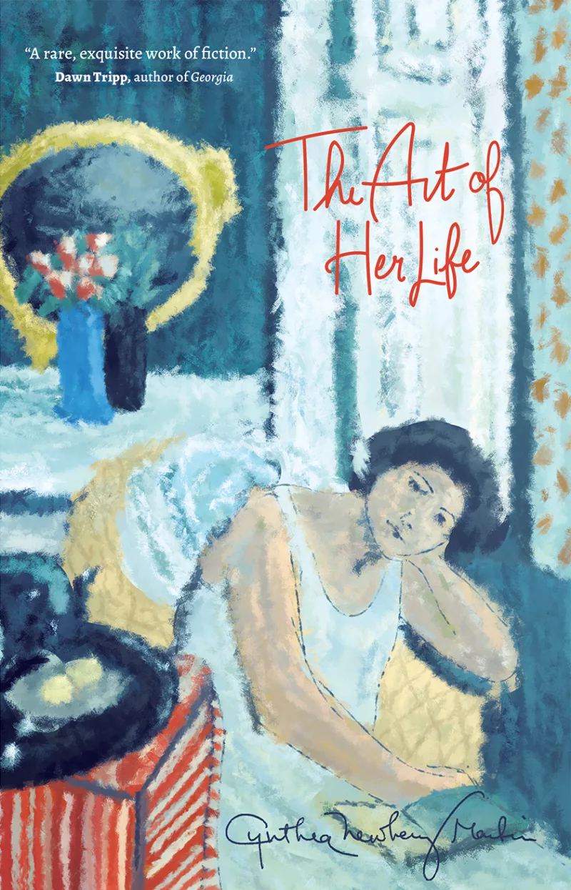 A book cover shows a pensive dark-haired woman sitting in a yellow chair in her bedroom, with flowers and a mirror in the background and a red and white striped tablecloth-covered table in the foreground with a teapot and lemons on a dark tray.