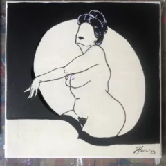 ‘Very’ Magazine page in black and white shows a line drawing of a “Gibson Girl” type with hair piled atop her head standing in a bright white spotlight like on a stage and surrounded by an inky black background.