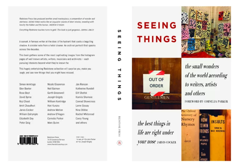A two-page spread shows the front and back covers of a book called “Seeing Things: the small wonders of the world according to writers, artists and others, the best things in life are right under your nose” published by Redstone Press.