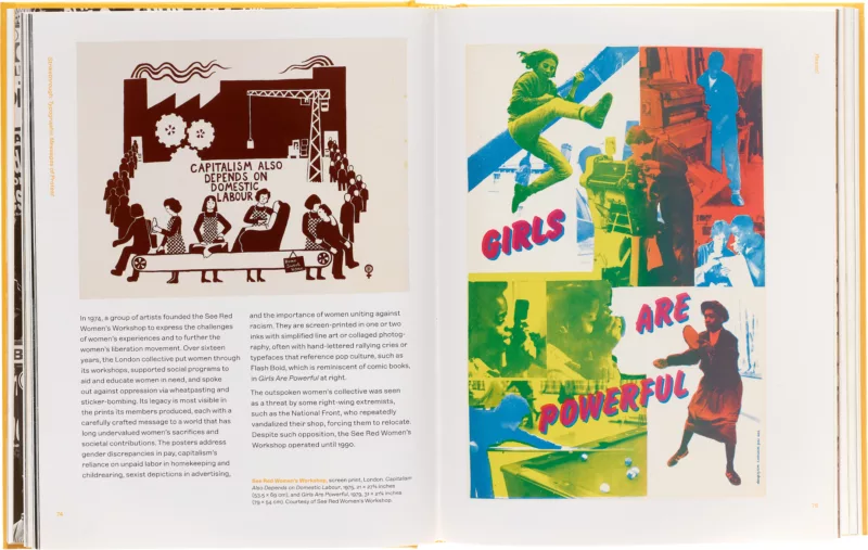 A book is open to a two-page spread of text and protest posters designed and printed and disseminated in the 1970s. The left image is a flat, drawn black and white image and on the right a bright-co0lored photo-montage.