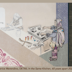 A watercolor image showing two women of different nationalities preparing food in a kitchen illustrates a poster that announces an exhibit, “Ducktown: An Atlantic City Immigration Story with artist Janice Merendino.”