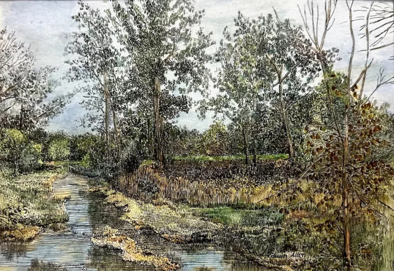his is a landscape showing two groups of trees, one center left, one center right, with a small marshy creek, overgrown with vegetation flowing from the left of the picture, to the foreground.