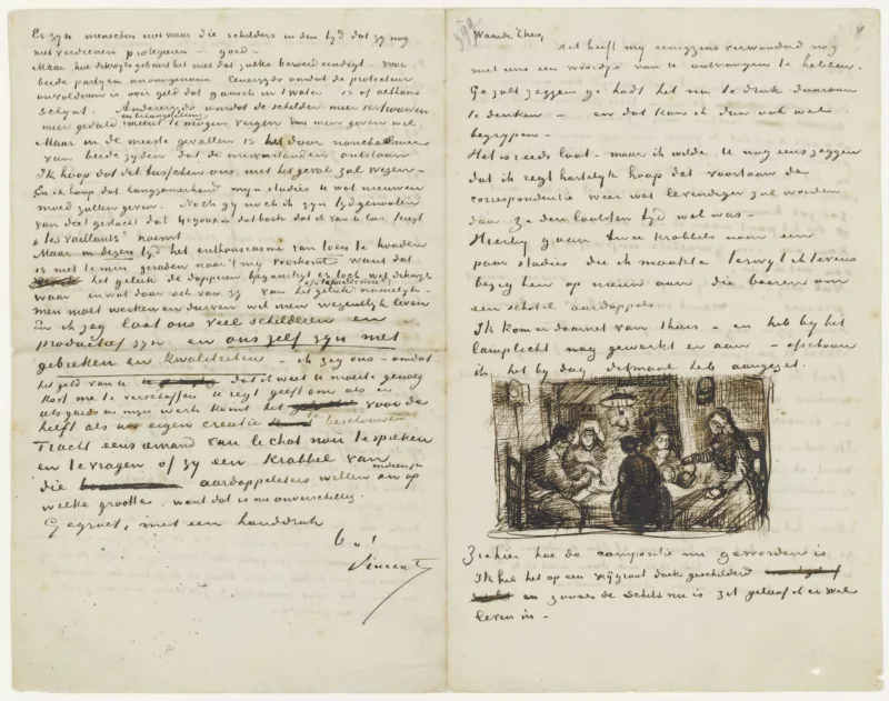 A two-page spread shows a hand-written letter by Vincent Van Gogh to his brother Theo Van Gogh from 1855, with a detailed sketch of the artist’s “Potato Eaters” appearing in the right hand page.