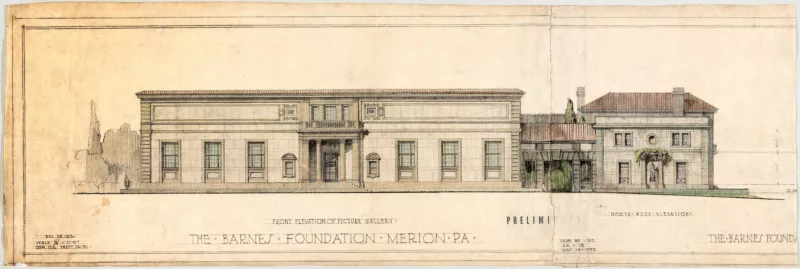 An architect’s rendering from 1922 of the Barnes Foundation’s original building in Merion, PA, shows a large stately, 2-story edifice with tall windows and an entryway adorned with pillars and a recessed door; to the right and attached to the Barnes Foundation building via a portico is a smaller building — a house —with a pitched roof and chimneys.