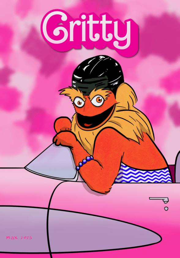 “Gritty” (the Philadelphia Flyers mascot) as Barbie, driving a pink convertible with a big pink background and the word “Gritty” at the top. Barbie is the doll whose “life” was imagined in the 2023 blockbuster movie, “Barbie.”
