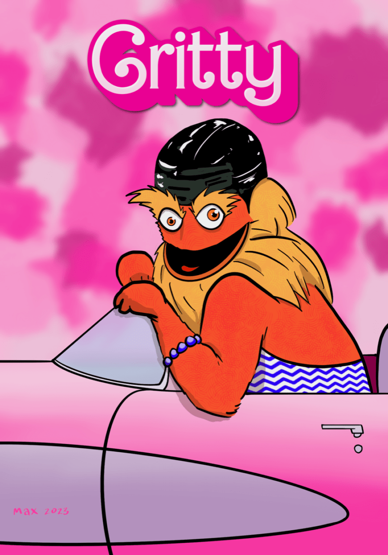 “Gritty” (the Philadelphia Flyers mascot) as Barbie, driving a pink convertible with a big pink background and the word “Gritty” at the top. Barbie is the doll whose “life” was imagined in the 2023 blockbuster movie, “Barbie.”