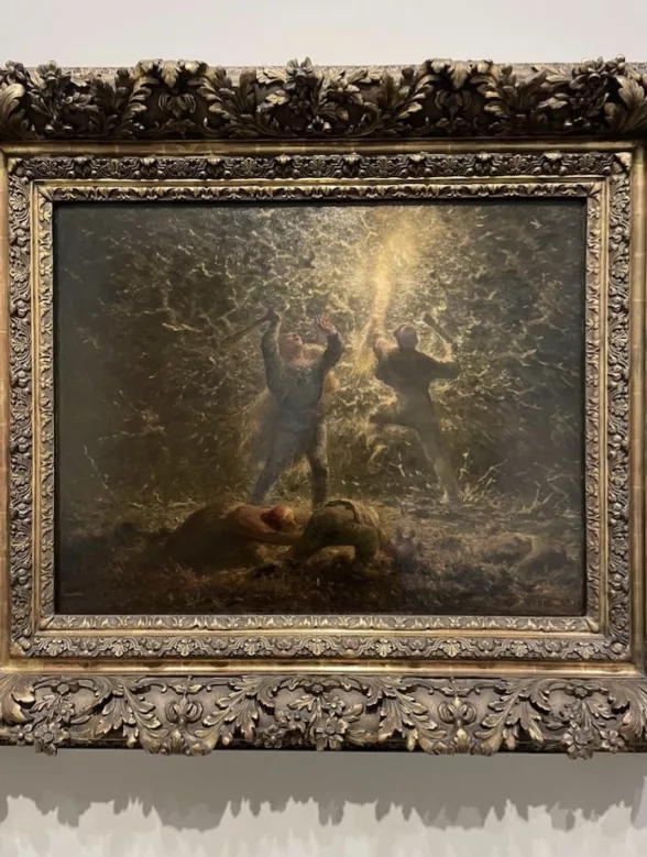An old master oil painting by Jean-François Millet in an ornate gilded frame shows two peasant boys shining a lighted torch on birds in a tree at night to scare them silly and then club them to death.