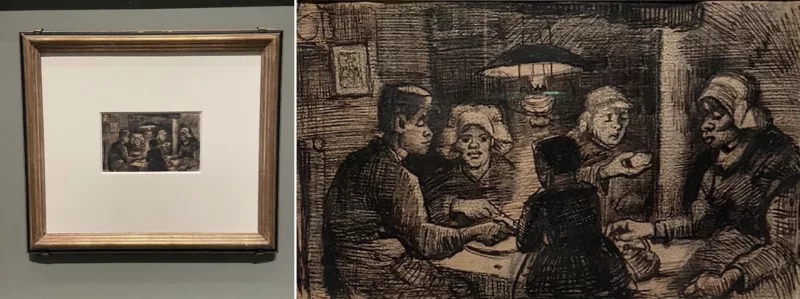 A two-frame picture. On the left, the small sketch of Van Gogh’s “Potato Eaters” is surrounded by a cream colored mat and framed in a gold frame, hung on a dark green wall; on the right is a blown up image of the sketchShowing four adults and a child sitting at dinner in a dark room lit by one hanging lamp. 