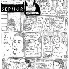 Socialist Grocery December 2023 Artblog, a nine panel comic on the overwhelming experience of exploring Sephora beauty store