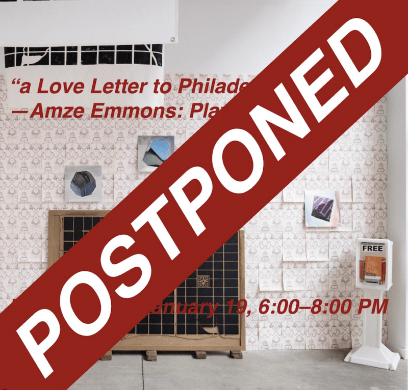 Poster for an art exhibit has been postponed, and a banner in white letters on red says "POSTPONED"