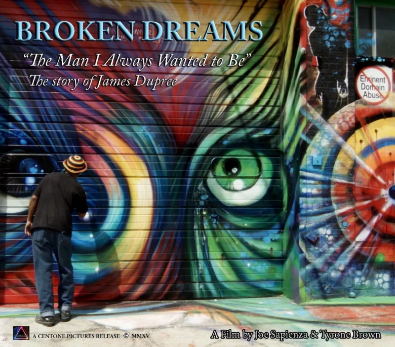 A poster for a documentary movie shows a Black man painting a colorful mural in greens and reds and blues on an exterior wall. Text announces the movie, "Broken Dreams"