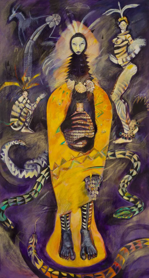 An iconic work with imagery from African dance, the spirit world, and animal kingdom, shows a central figure of a female enshrouded in a yellow wrap surrounded by slithering snakes and stylized tiger striped dance figures all contained in a purple night atmosphere.