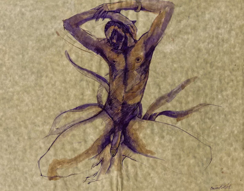 An ink and watercolor drawing on paper shows a Black male dancer his arms clasped above his head, his legs splayed in a crouch and his penis clearly erect and discharging seed.