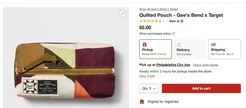 A screenshot from a Target website shows a small quilted zipper pouch made in collaboration with the Gees Bend quilters that is for sale for $5 as part of their Black History Month celebration. 