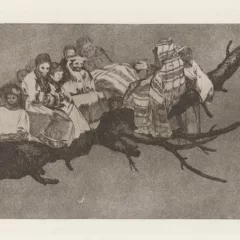 An etching by Francisco Goya shows a dream scene of a family group with children and elders sitting close together on a high branch of what might be a dead tree.