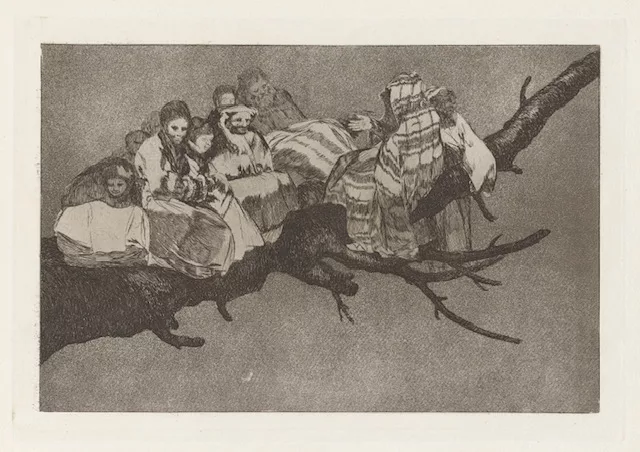 An etching by Francisco Goya shows a dream scene of a family group with children and elders sitting close together on a high branch of what might be a dead tree.