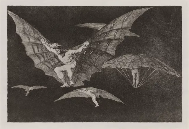 An etching by Francisco Goya shows a dream-like scene with several men floating in a black sky wearing human-made wings that seem to be holding them up by magic. 