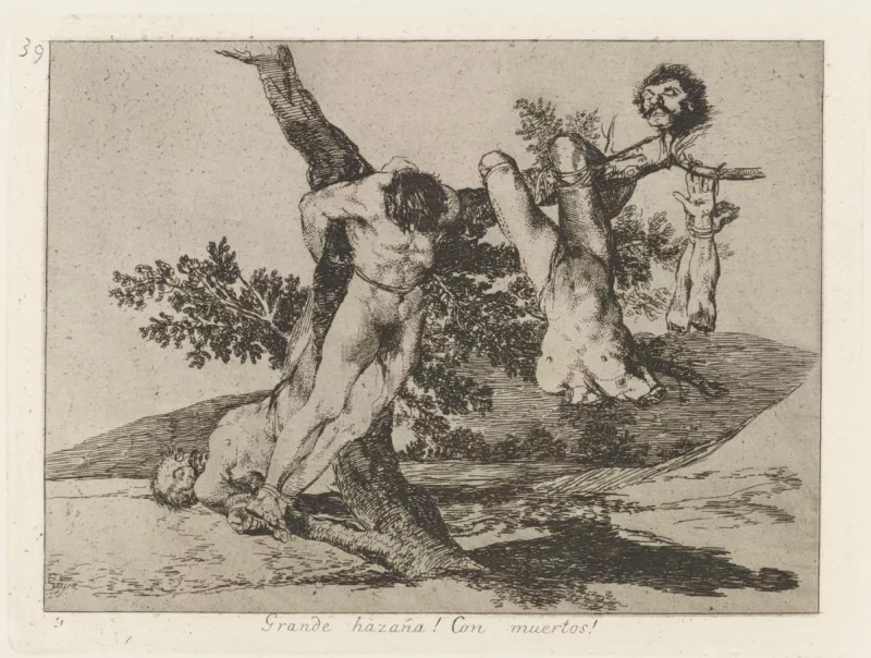 An etching by Francisco Goya shows a horrific scene of the aftermath of torture and death and dismemberment of three soldiers whose body parts are tied to a dead or dying tree.