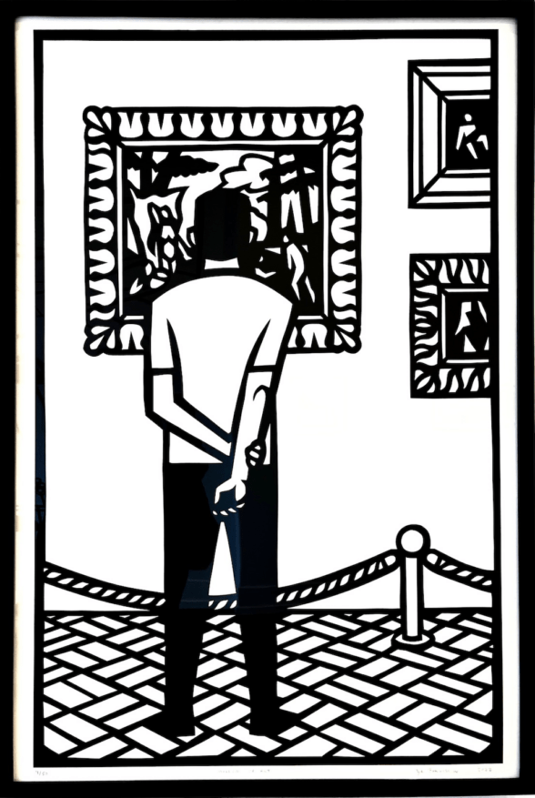 Rendered in black and white, we see a man standing, with his back to us, in front of a modernist painting. 