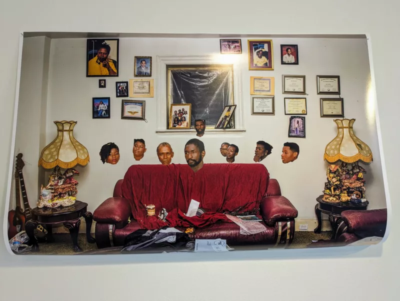 A photo collage shows a family living room with a red couch flanked by two ornate ceramic-based lamps, a coffee table, two guitars standing on the floor, family pictures and diplomas on the walls and window ledge and a bunch of leftover take out containers and papers sitting on a red blanket on the couch.