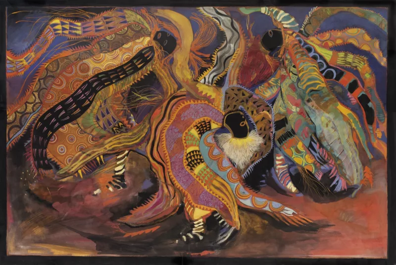 A colorful framed work on paper shows a figure dancing in the foreground, her energy creating swirls all around her of beautiful patterning and shades colors from dark to light, and from blue and gold to yellow, rose and black.