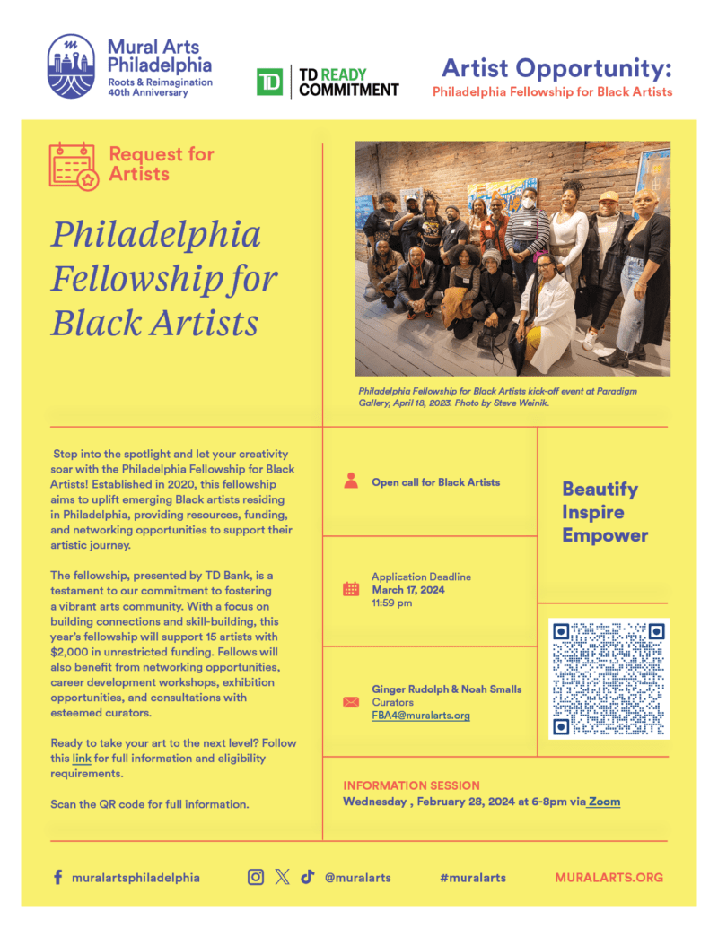 A poster with a yellow background and a picture of a group of Black artists in the right corner promotes a Black Artists Fellowship. A QR code in the right bottom encourages visiting the website for more information.