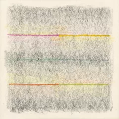 A closeup of a drawing on paper shows an abstract work of mostly grey with three horizontal, bright-colored lines appearing like shouts on a dark night or lights traversing the grey cloudy mass.