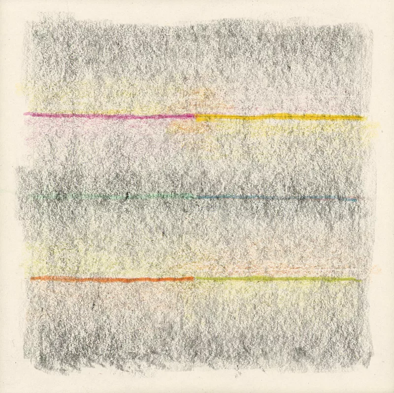 A closeup of a drawing on paper shows an abstract work of mostly grey with three horizontal, bright-colored lines appearing like shouts on a dark night or lights traversing the grey cloudy mass.