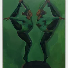 A dark green and black painting shows two Black female dancers, not young, in green leotards and black tights posing facing each other, close together, each with the right foot down balanced on tiptoes and each with the left leg in the air, foot caught by the right hand.