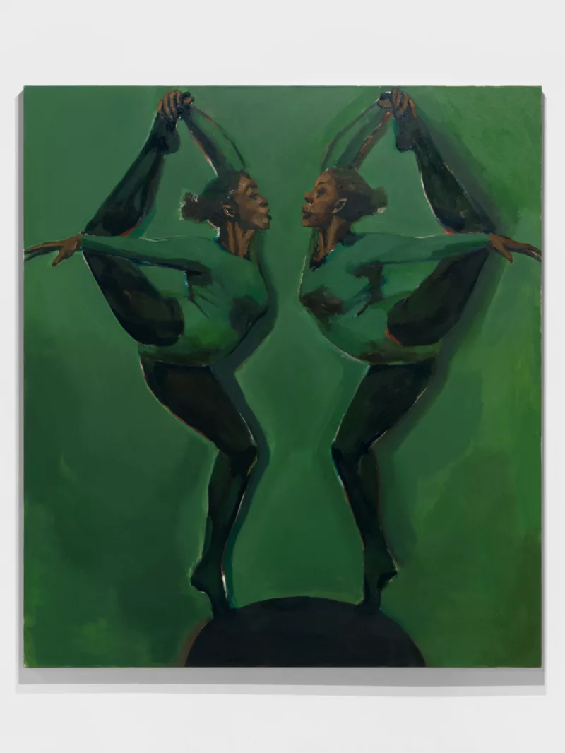 A dark green and black painting shows two Black female dancers, not young, in green leotards and black tights posing facing each other, close together, each with the right foot down balanced on tiptoes and each with the left leg in the air, foot caught by the right hand. 