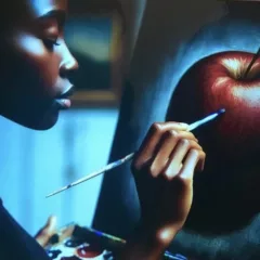 A hyper-realist painting shows a Black woman artist in profile, up close, as she paints a hyper-realist red delicious apple on a canvas on an easel.