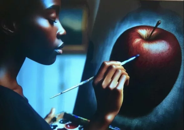 A hyper-realist painting shows a Black woman artist in profile, up close, as she paints a hyper-realist red delicious apple on a canvas on an easel.