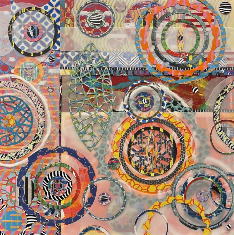 A colorful painting is filled with layers upon layers of patterned imagery, some of it opaque, allowing under coats to appear and some transparent. The patterned imagery is in the background and in circles and circles within circles.