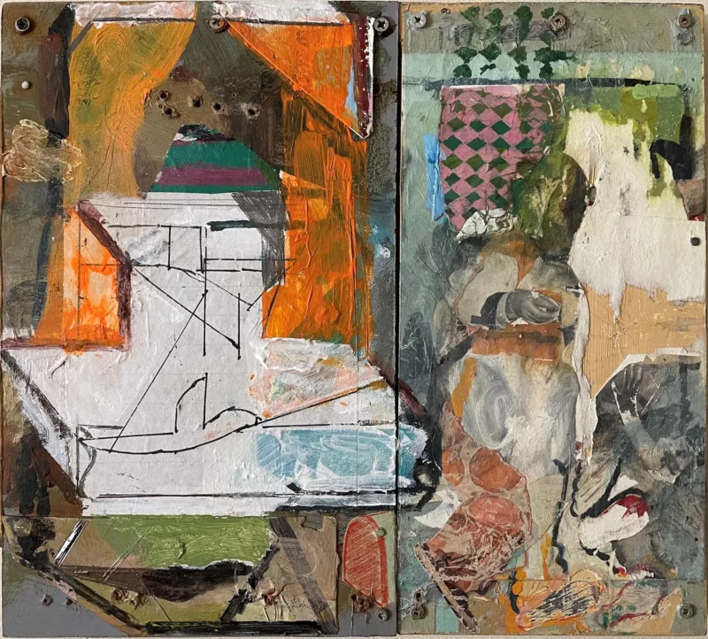 A collage painting in two parts divided vertically down the middle shows on the left a suggestion of an architectural model, with a big white space into which straight lines suggesting walls and other partitions have been drawn. On the right, it seems to be a figure in an interior.