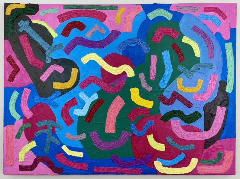 A bright colored painting with small, noodle-like elbows and other curved shapes hover above larger curved noodles and other biomorphic shapes of different colors. The world created is lumpy, with paint applied thickly.