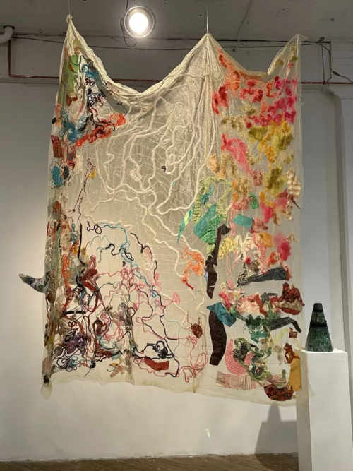 Map to Self Molly Thayer 2021 fiber detritus, scrap fabric 4’ x 4’ - used with permission of the artist