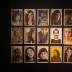 A grid of selfie images shows young men and women volunteers who have participated in a data gathering project about themselves in which their selfies reflect the kind of and amount of data they search for.