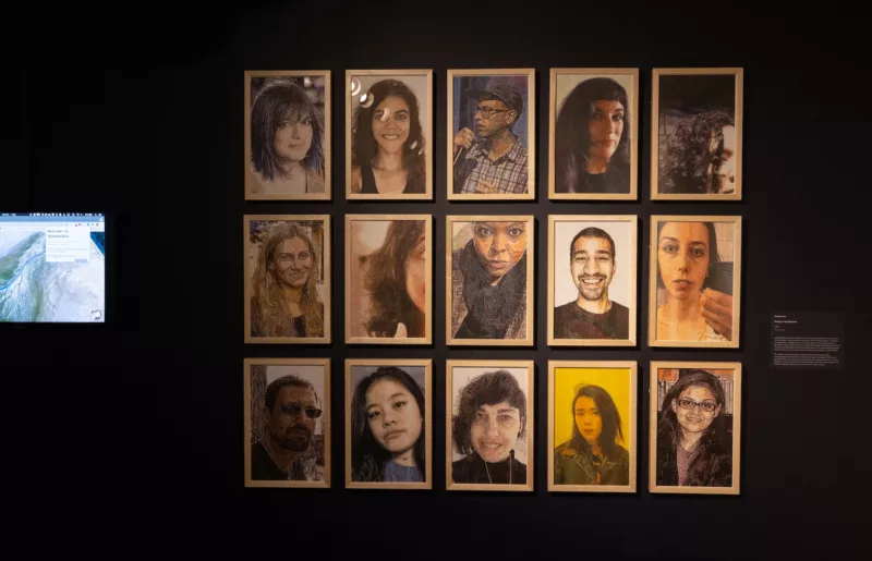 A grid of selfie images shows young men and women volunteers who have participated in a data gathering project about themselves in which their selfies reflect the kind of and amount of data they search for.