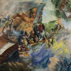 Images swirl around the center, all rendered in loose brushstrokes. There are houses, trees, waves or wind, a door in a brick wall and a crowd of unidentifiable objects.