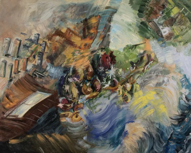 Images swirl around the center, all rendered in loose brushstrokes. There are houses, trees, waves or wind, a door in a brick wall and a crowd of unidentifiable objects. 