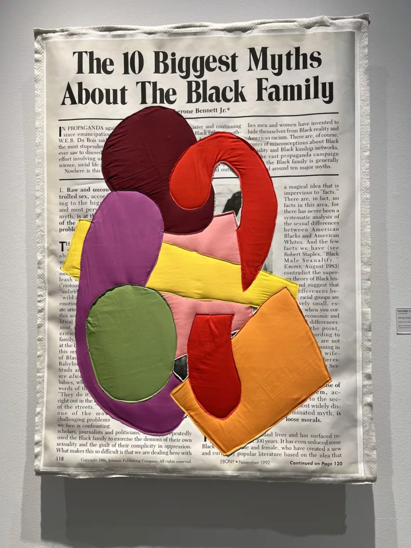 An abstract arrangement of 10 separate shapes in red, orange, green, purple, yellow and brown are quilted on top of a background image of a magazine article titled, “The 10 Biggest Myths About The Black Family,” that has been printed onto cloth. 