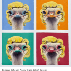 A grid of 4 paintings shows Andy-Warhol-like images of the face of an ostrich in a Marilyn Monroe wig, with background colors of blue, orange, green and red, which are echoed in makeup on the faces of the birds.