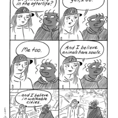 A six-panel, black-and-white comic shows a Black woman in a dark poncho and a white woman in a jacket and Phillies baseball hat on a city street, walking and talking about the afterlife and their beliefs.